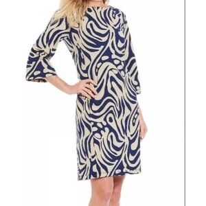 J. McLaughlin "Campbell"  3/4 Sleeve Dress, Navy/Beige Puddle Print Large